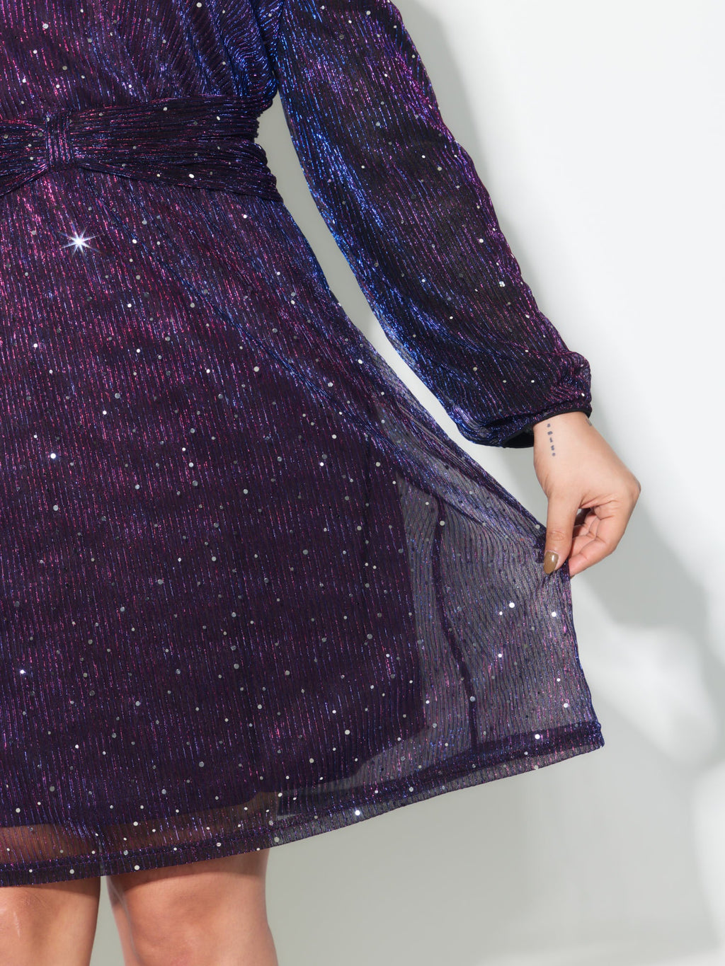 Shimmery Pleated-Waist Pockets Knee-Length Dress