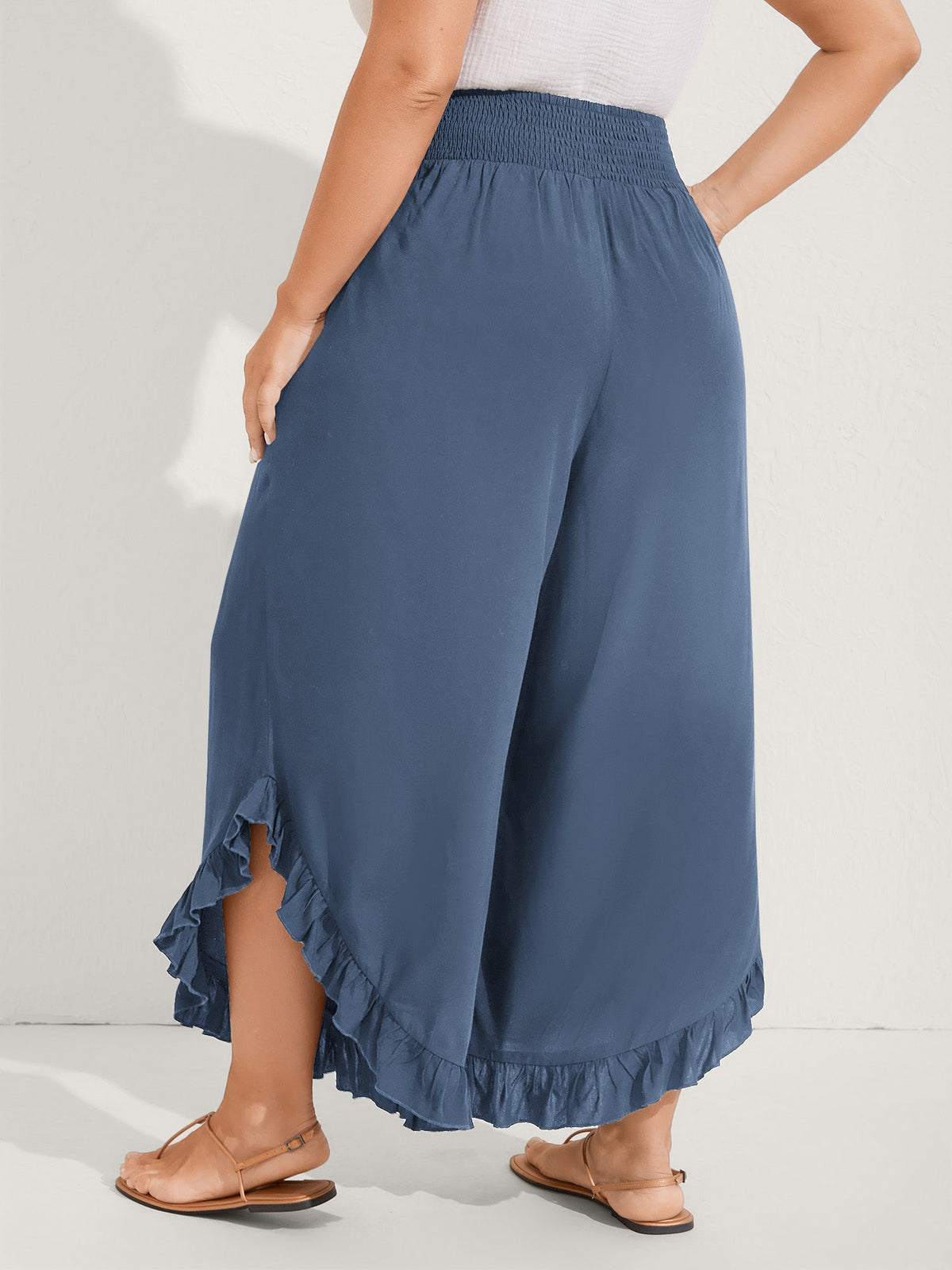 Ruffled Curvy Hem Wide-Leg Pants