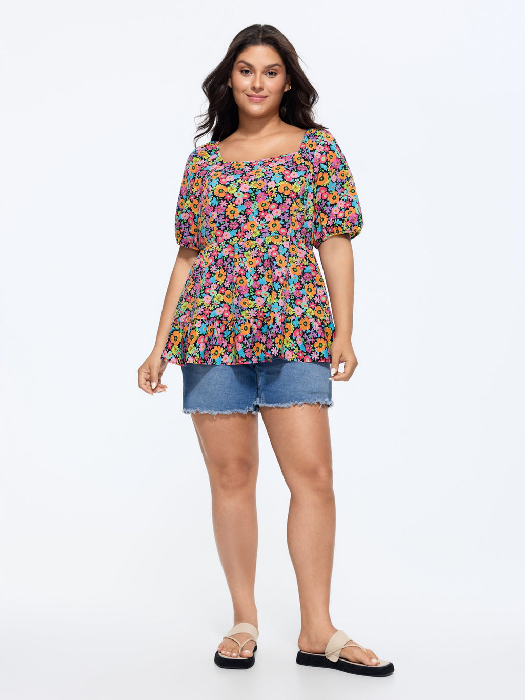 Floral Square Neck Fit and Flare Blouse