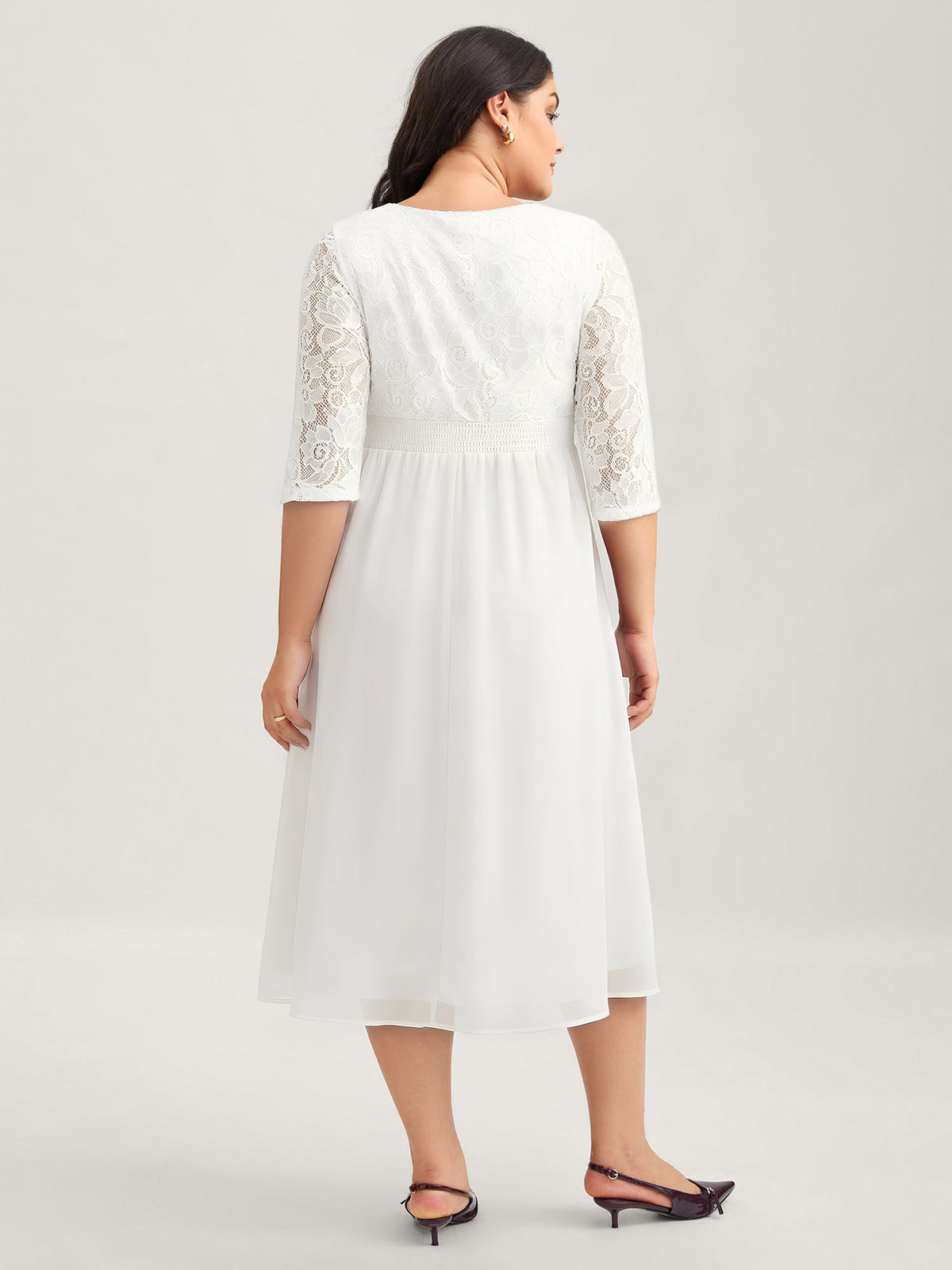 Lace Patchwork Shirred Midi Pocket Dress