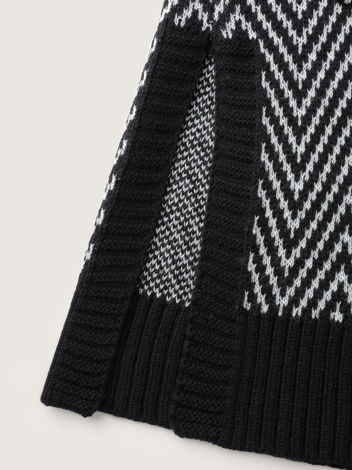 Geometric Pattern Pockets Open-Front Knit Cardigan