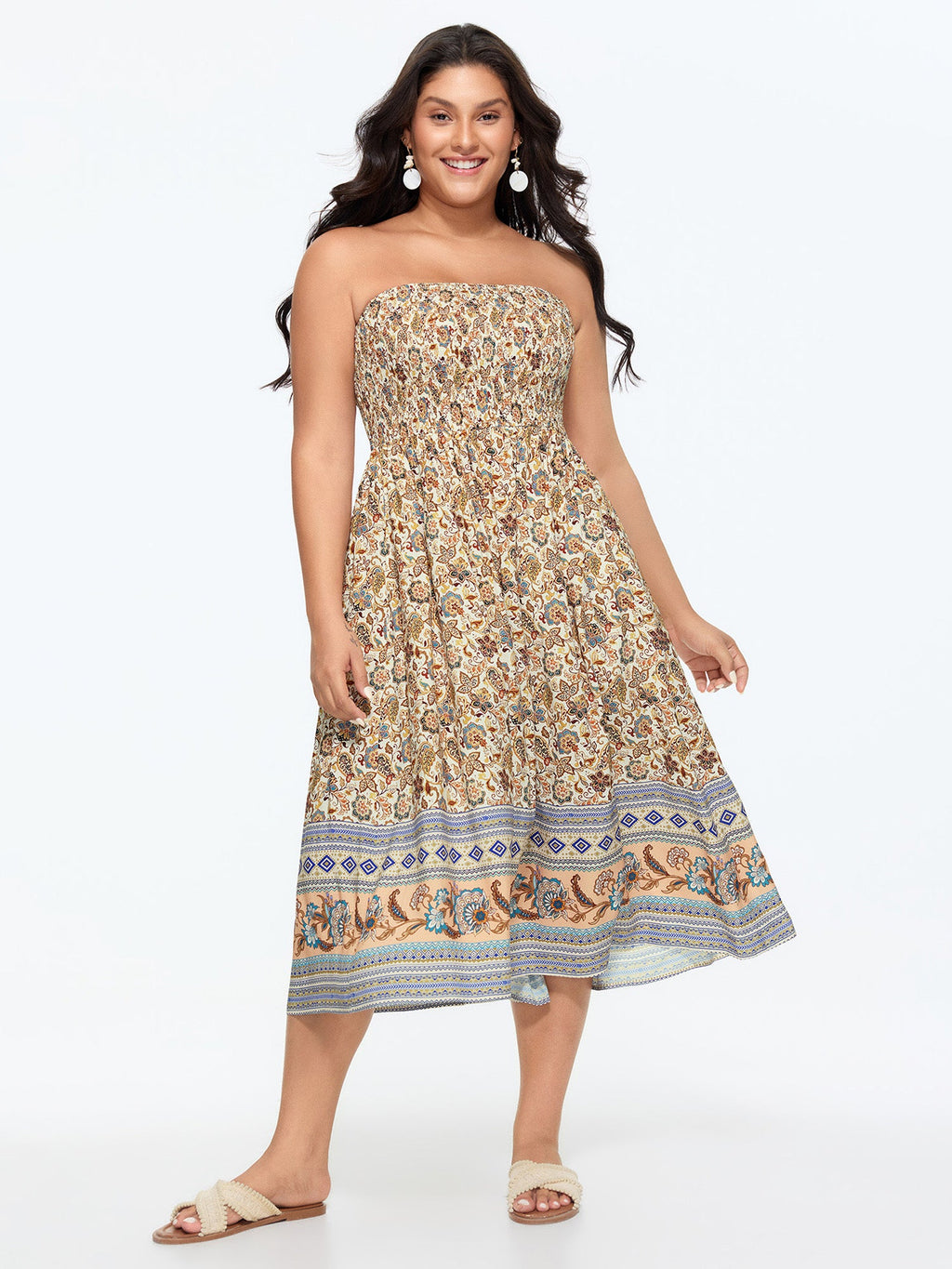 Floral Print Off-Sleeves Color Contrast Midi Dress