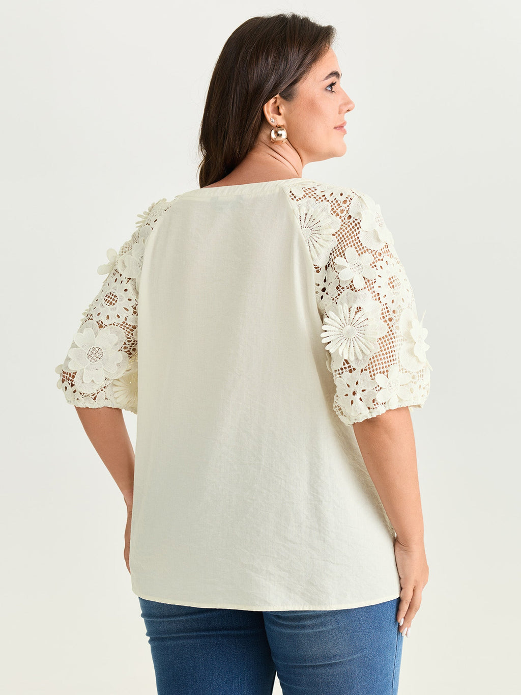 3D Floral Sleeve Spliced Flowy Blouse