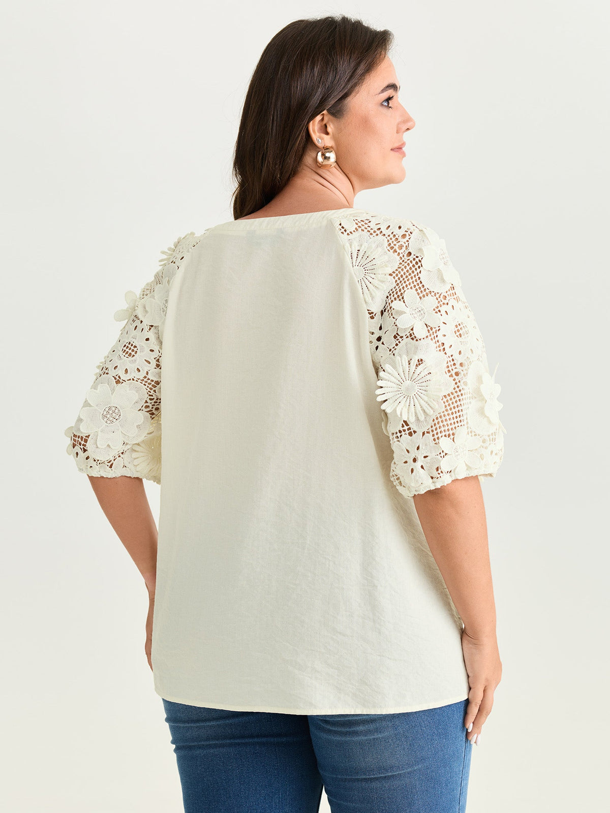 3D Floral Sleeve Spliced Flowy Blouse