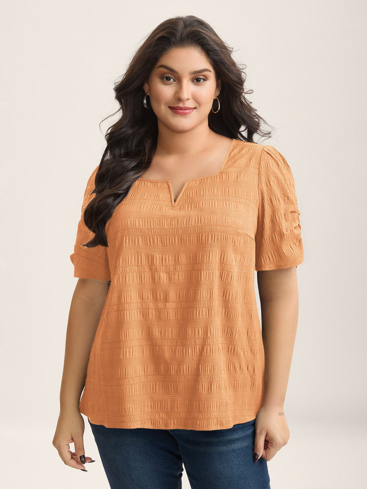Textured Gathered Sleeve Split Neck Blouse