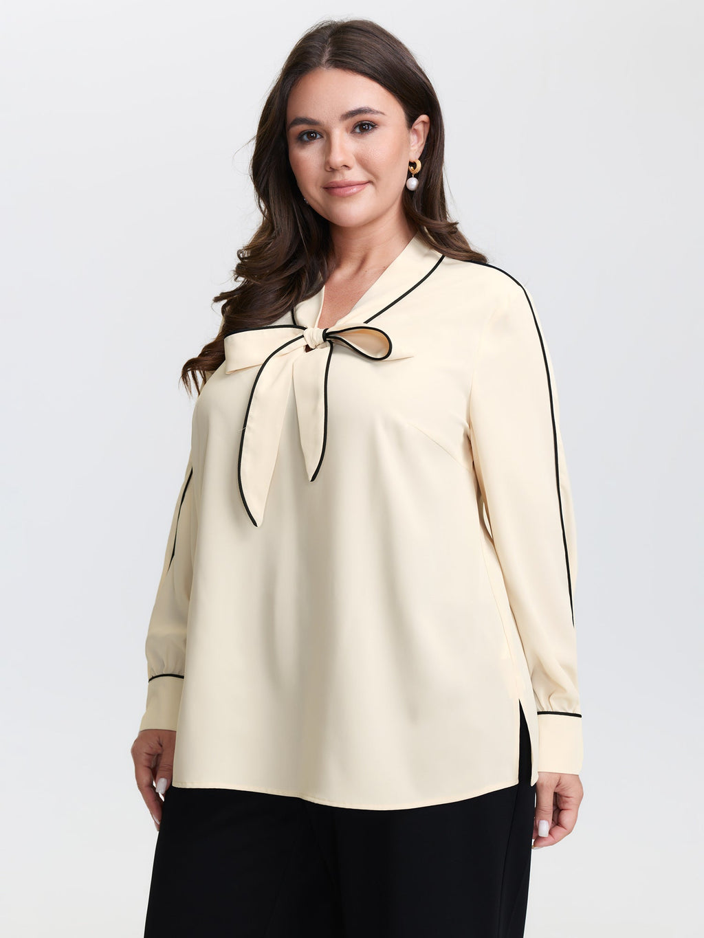 Bowknot Neckline Color Contrast Blouse