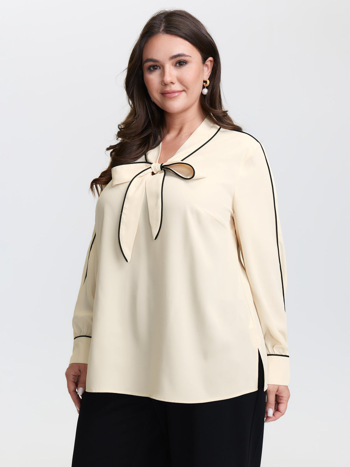 Bowknot Neckline Color Contrast Blouse