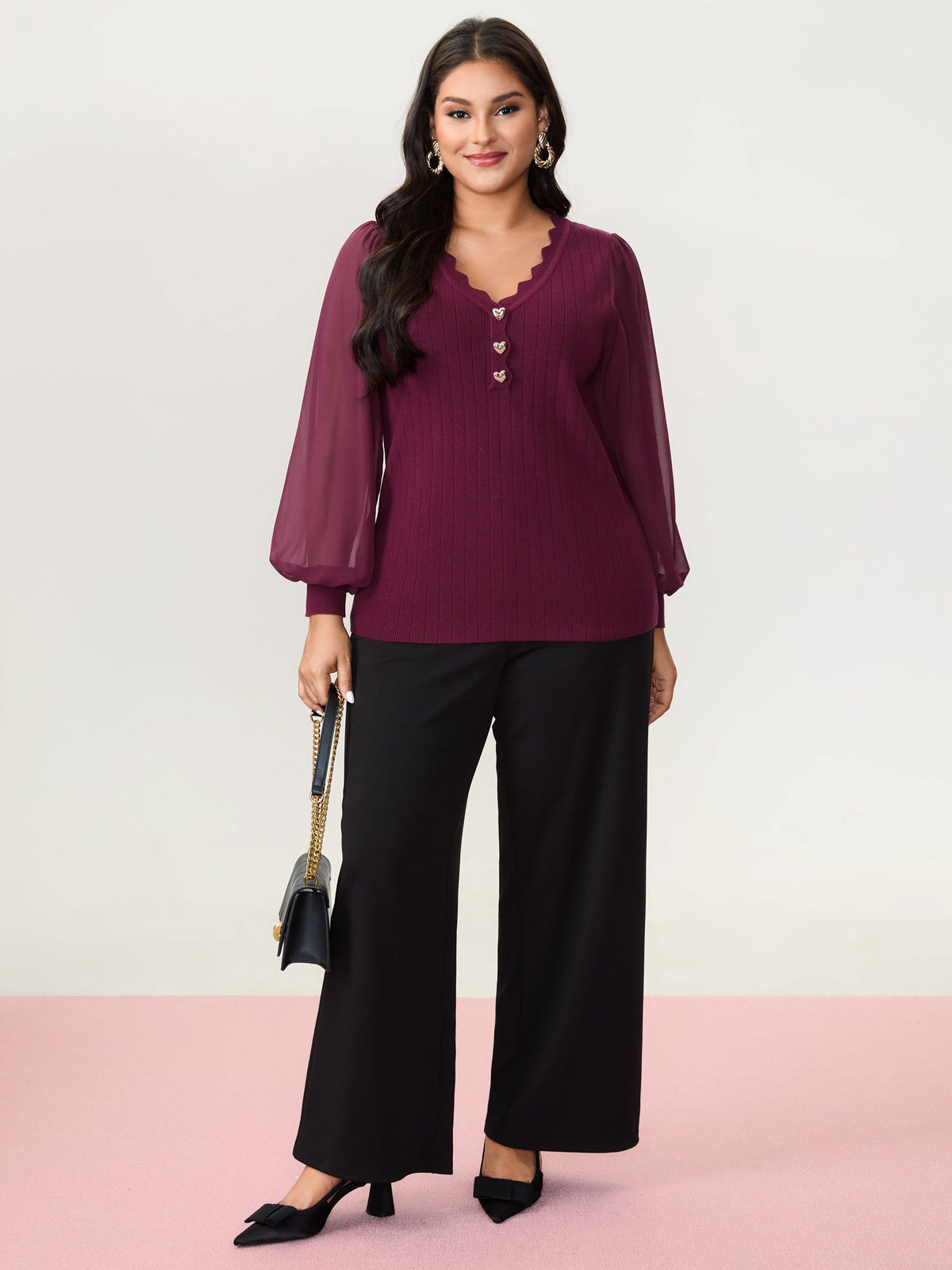 Chiffon Sheer Sleeve Heart Shaped Button Pullover