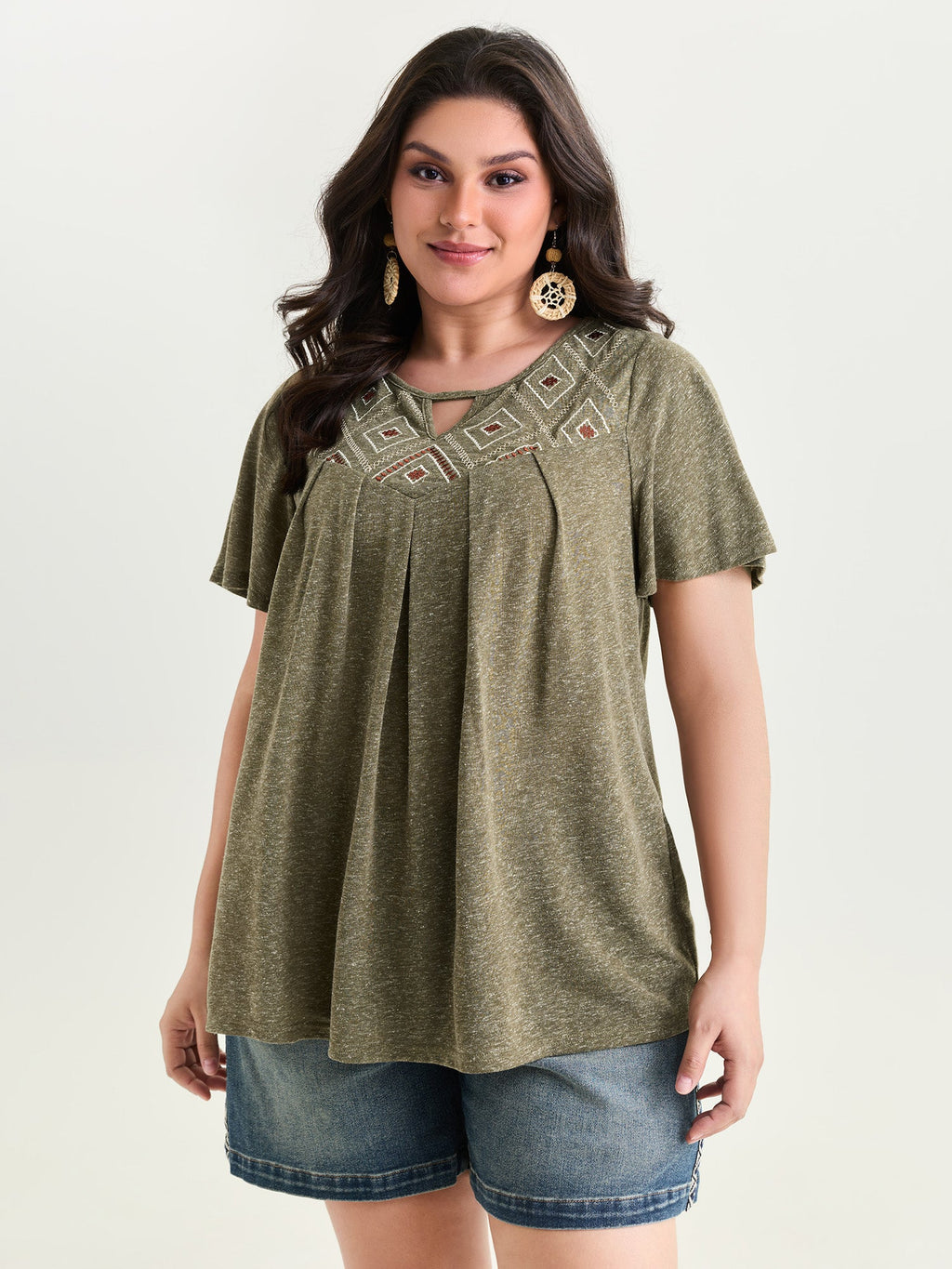 Boho Embroidered Keyhole Neckline Blouse