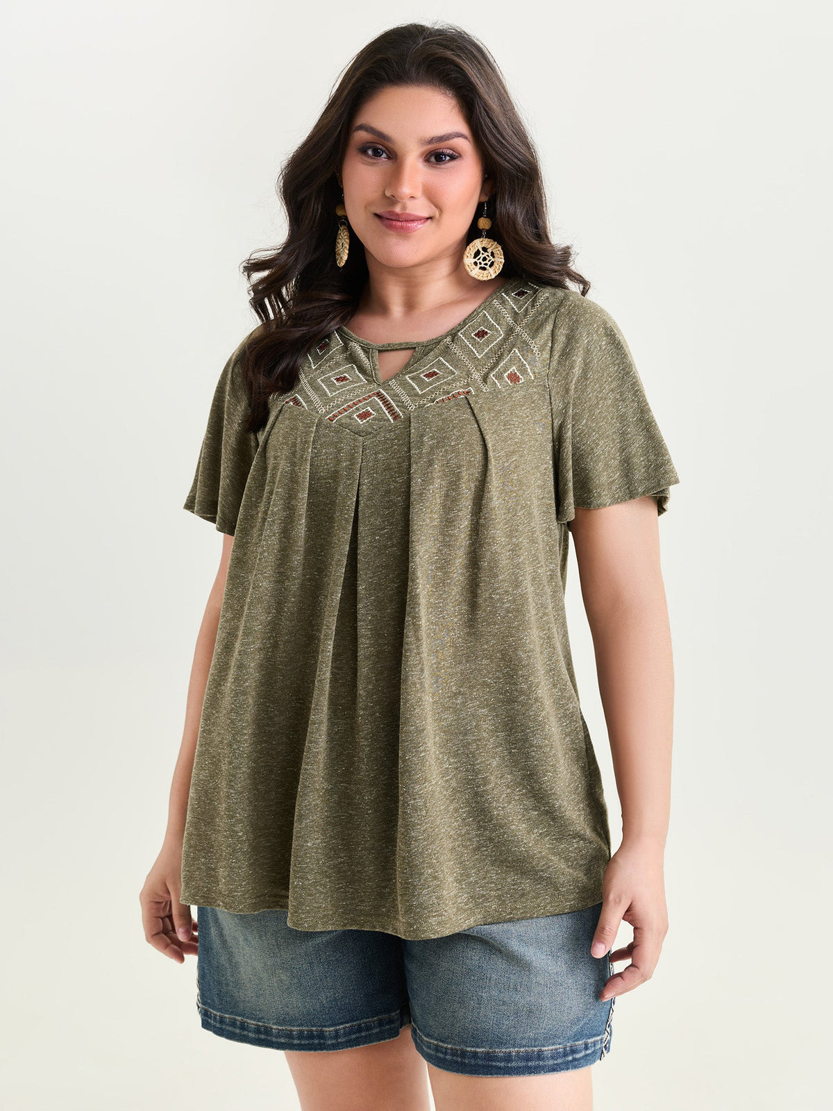 Boho Embroidered Keyhole Neckline Blouse