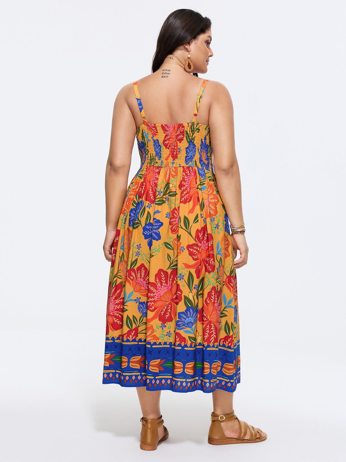 Vibrant Floral Print Pockets Cami Midi Dress