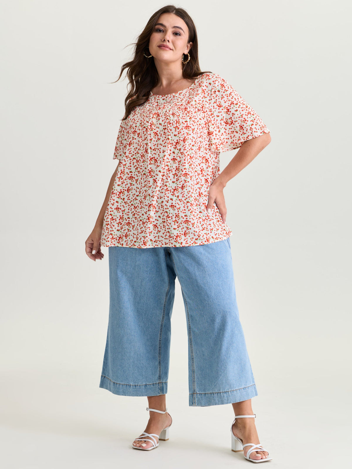Floral Ruffle Sleeve Gathered Round Neck Blouse