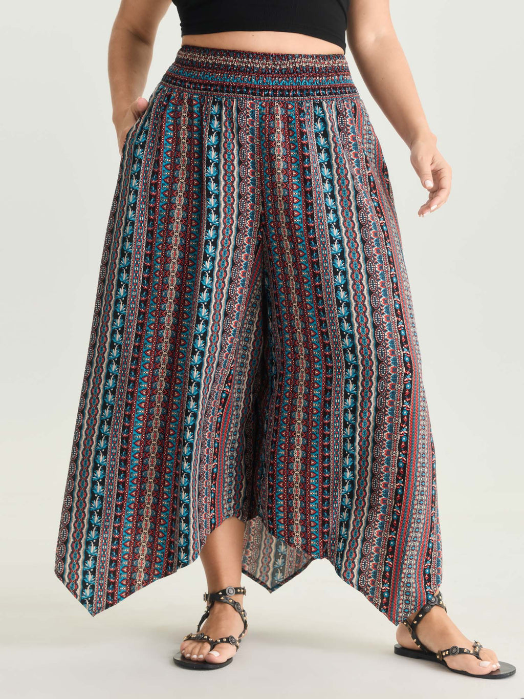Shirred Colorful Asymmetric Hem Pants