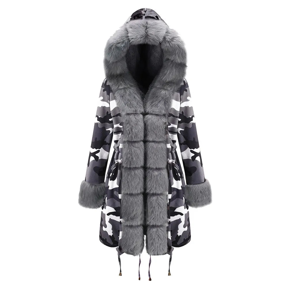 Womens Hooded Camouflage Warm Winter Coats Faux Fur Jacket Parka Overcoat