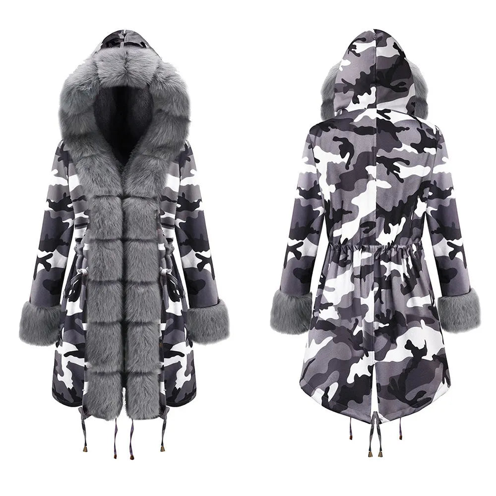 Womens Hooded Camouflage Warm Winter Coats Faux Fur Jacket Parka Overcoat