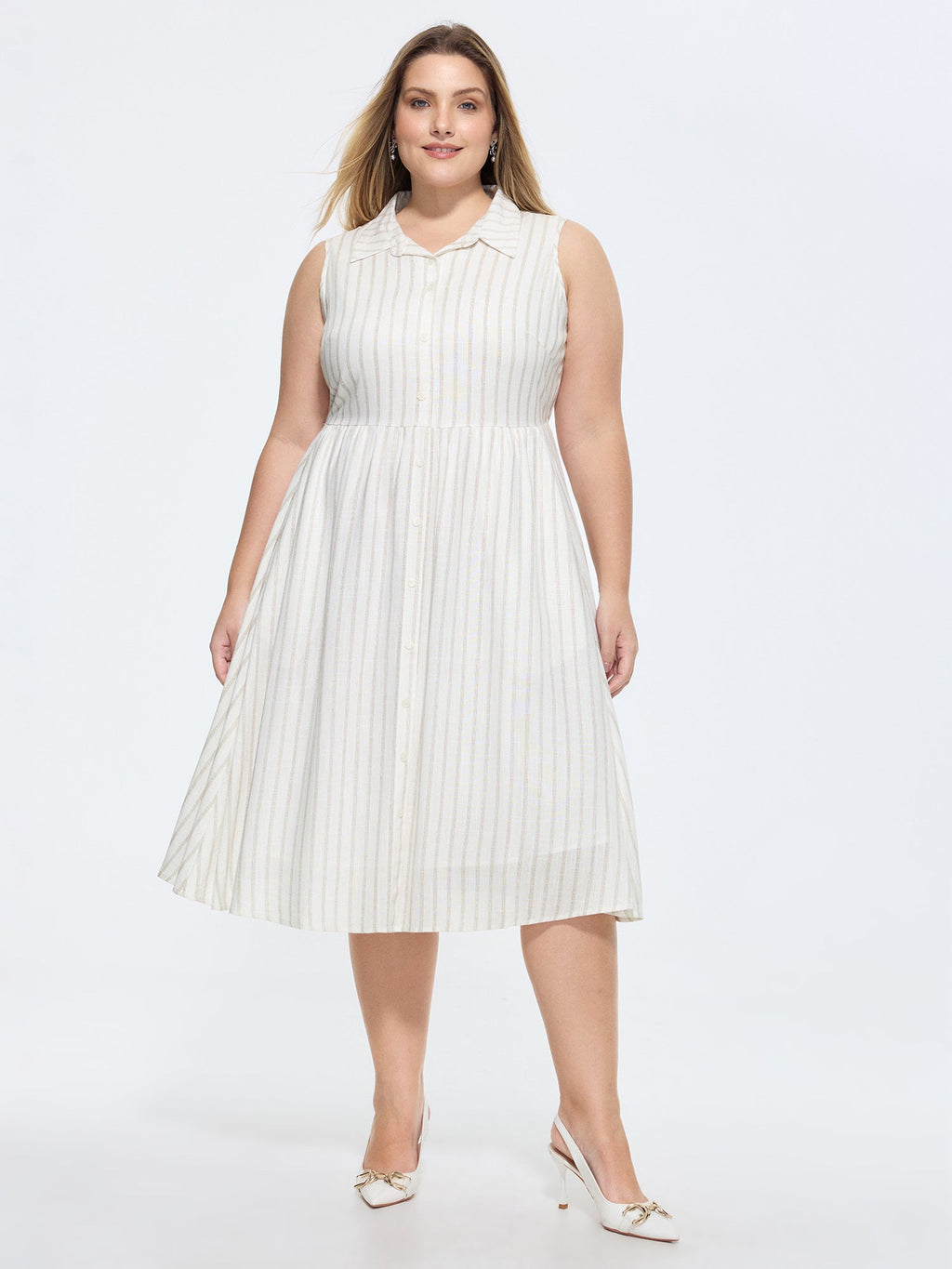 Cotton-Linen Blend Collar Sleeveless Midi Shirt Dress