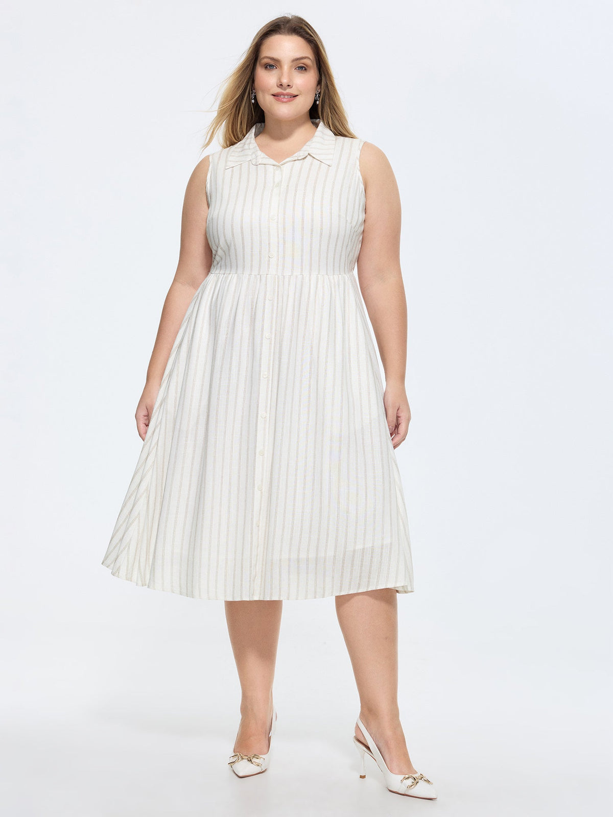 Cotton-Linen Blend Collar Sleeveless Midi Shirt Dress