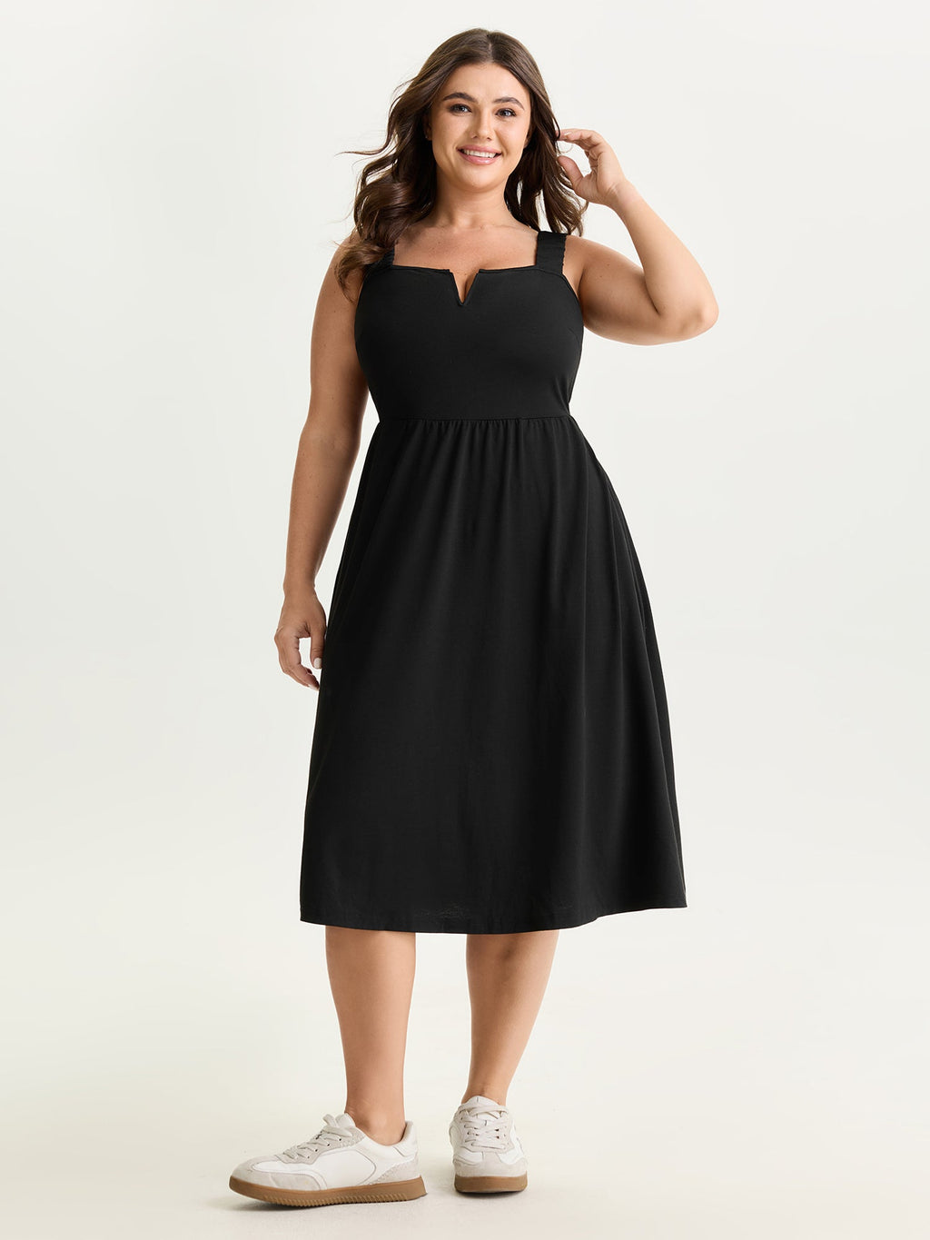 Supersoft Stretchy Wide-Straps Plain Midi Dress