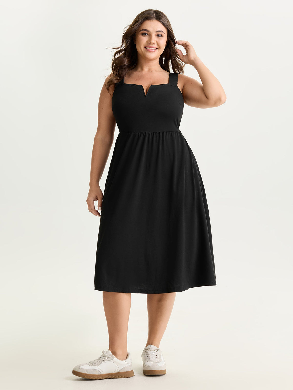 Supersoft Stretchy Wide-Straps Plain Midi Dress