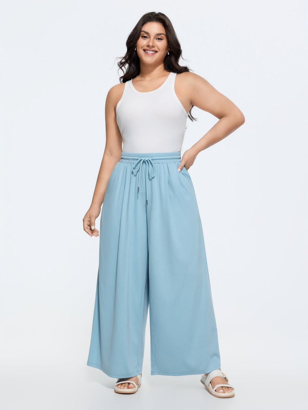 Plain Drawstring Waist Wide Leg Pants