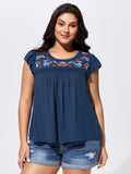 Cotton Floral Embroidered Shirred Flowy Blouse