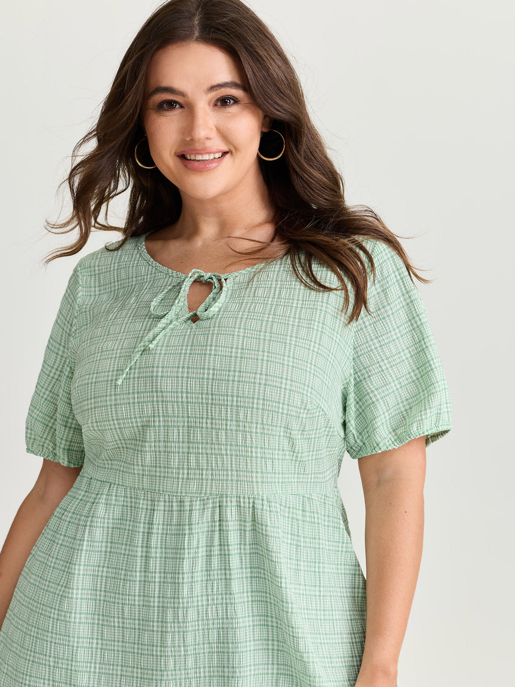 Grid Textured Drawstring Neckline Blouse