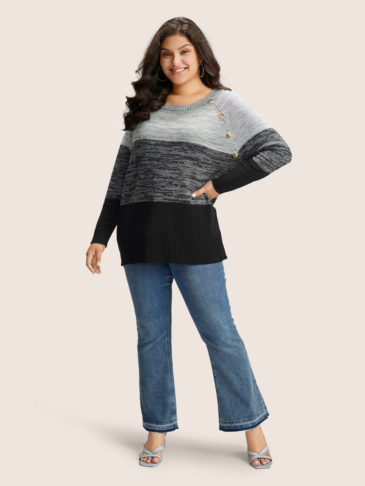 Colorblock Contrast Heather Button Detail Pullover