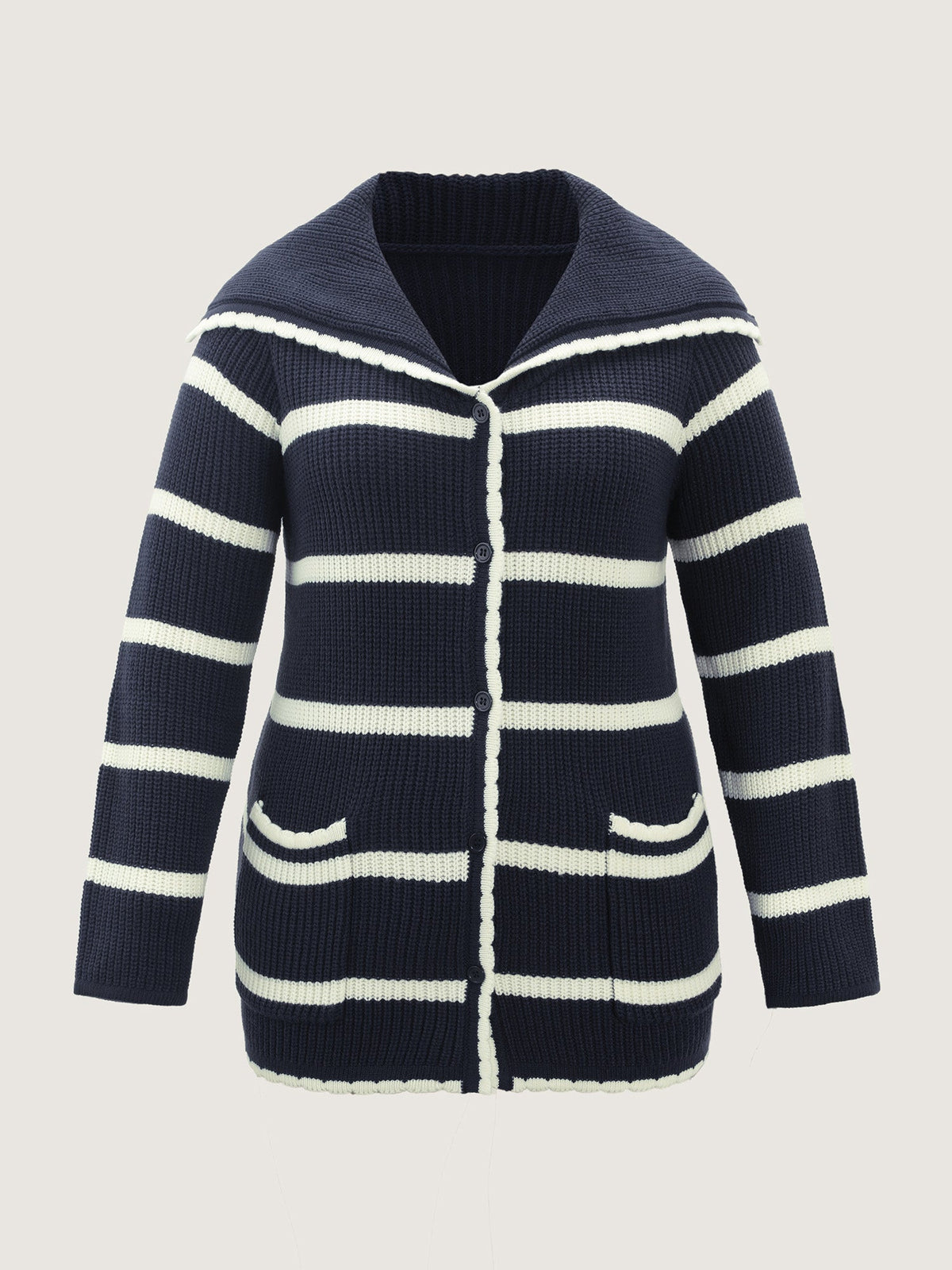 Striped Sailor Collar Pockets Knit Cardigan