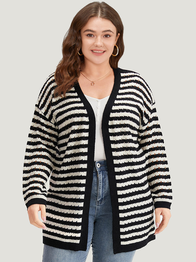 Striped Geo Eyelet Drop Shoulder Cardigan