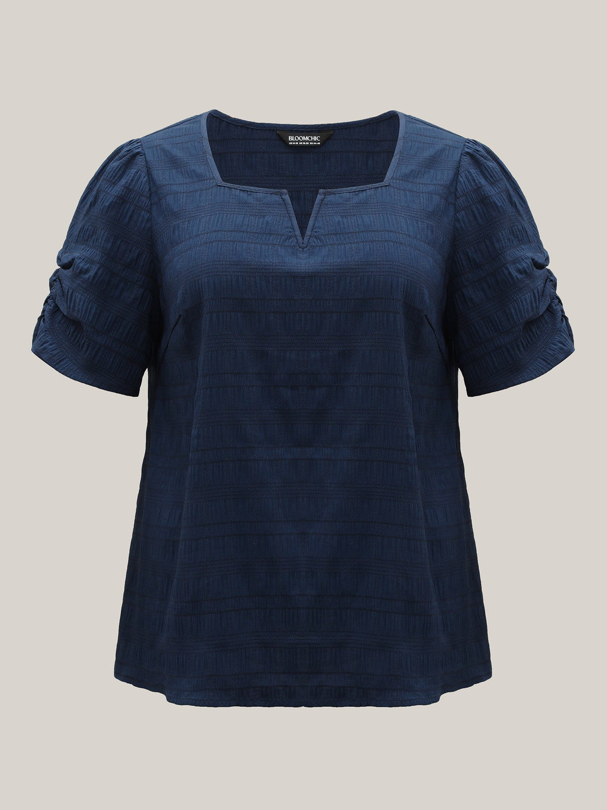 Textured Gathered Sleeve Split Neck Blouse