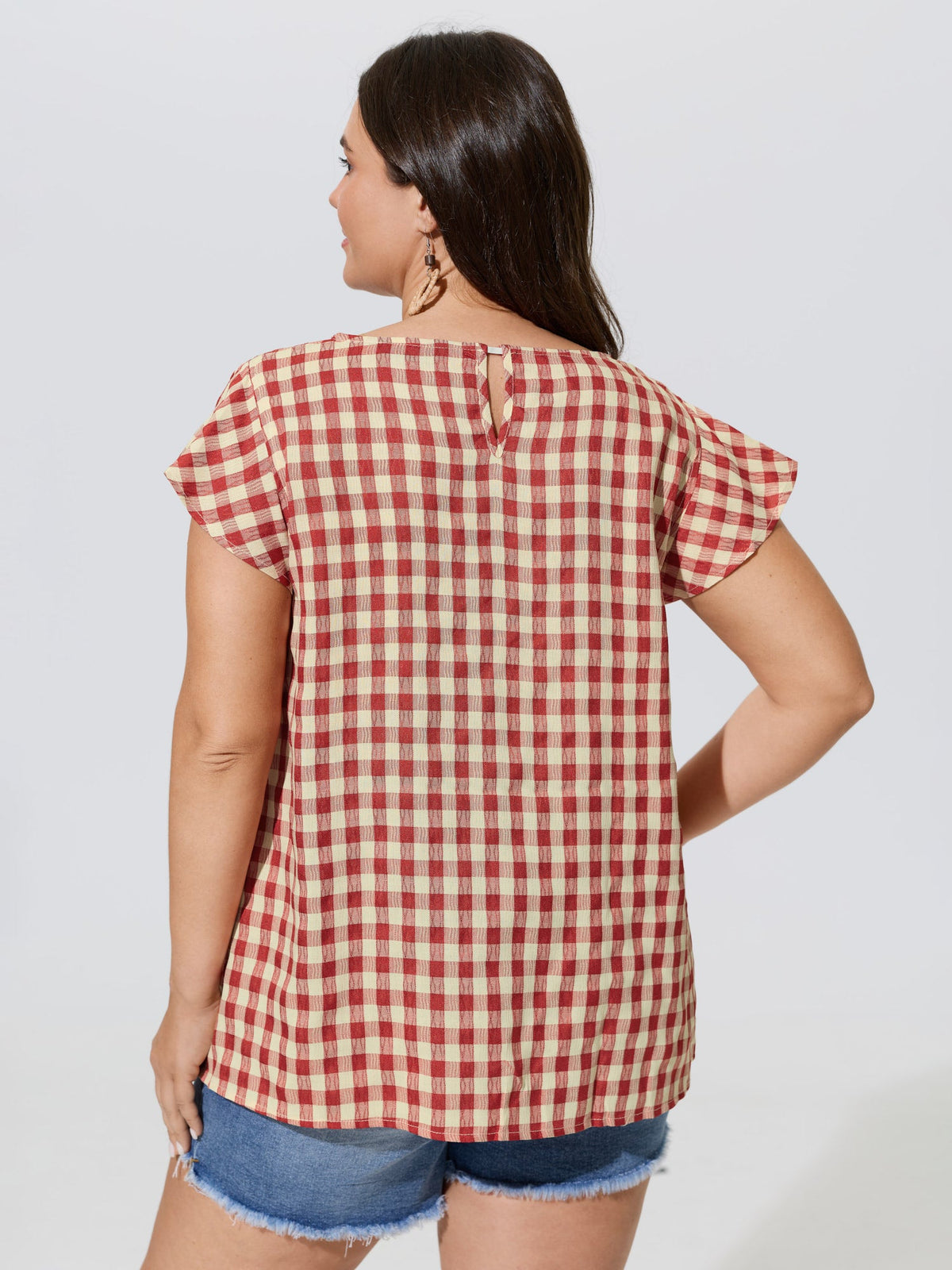 Gingham Print Ruffled Sleeve Pleated Blouse