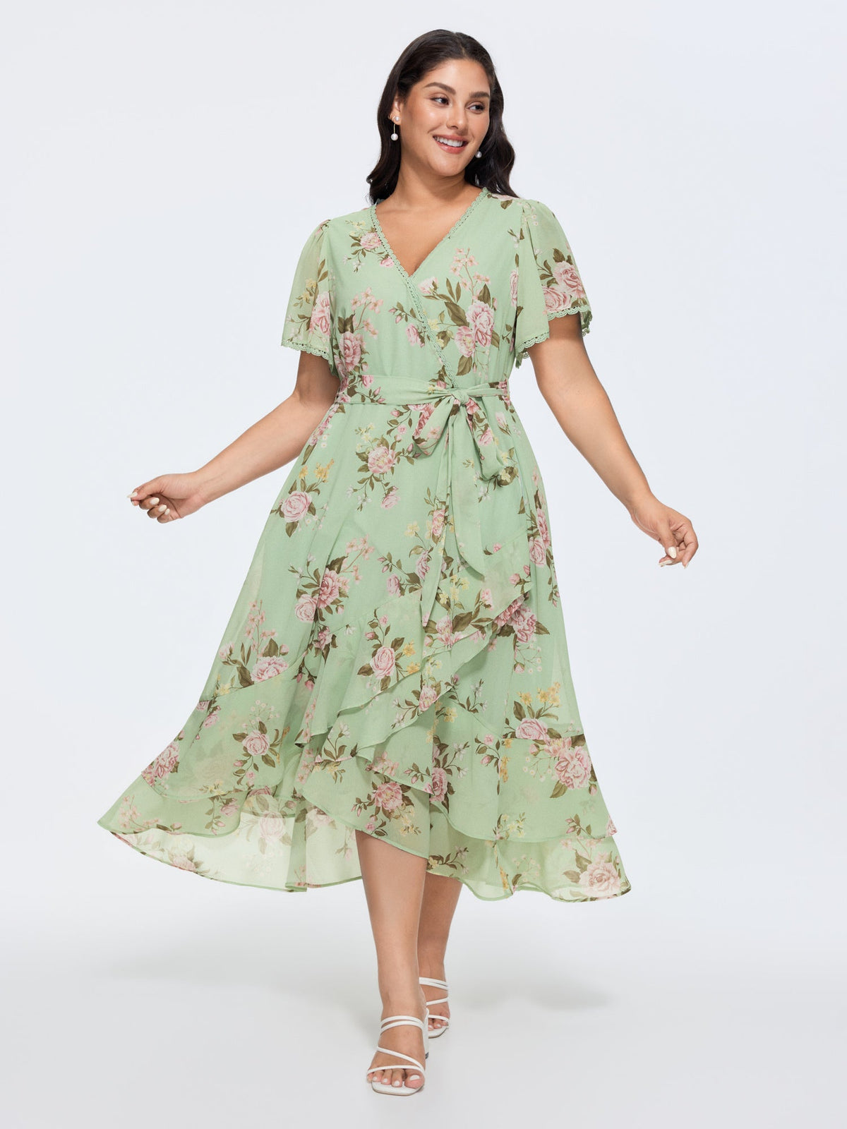 Soft Floral Print Lotus Leaf Hem Midi Dress