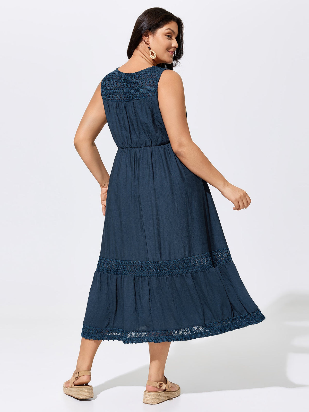 Lace Neckline Cut-Out Ruffled Hem Midi Dress