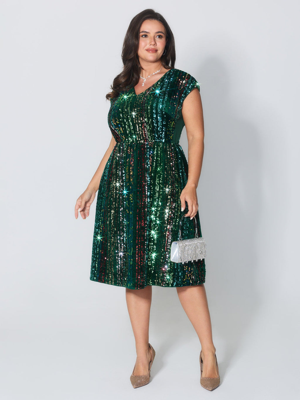 Shimmery Sequin Stripe Cinched-Waist Mini Dress