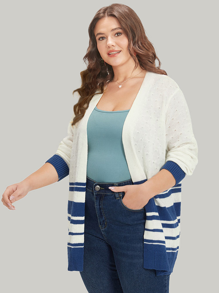 Striped Open Front Contrast Elastic Cuffs Cardigan
