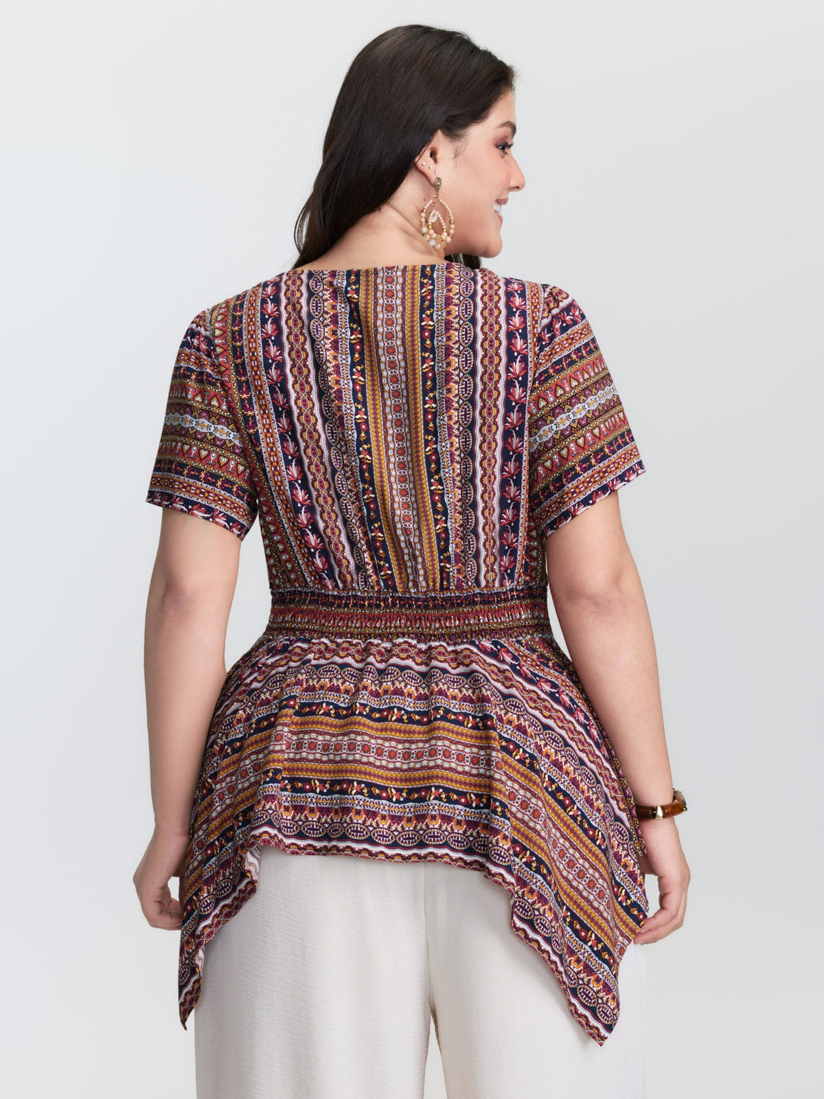 Boho Striped Print Handkerchief Hem Blouse