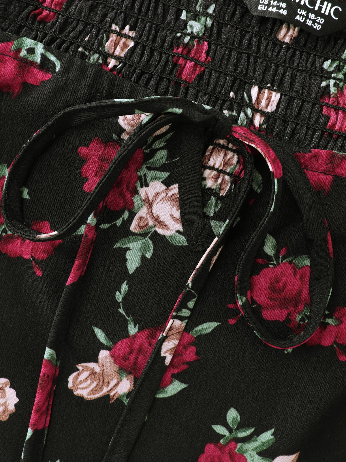 Colorful Rose Pattern Drawstring Neckline Midi Dress