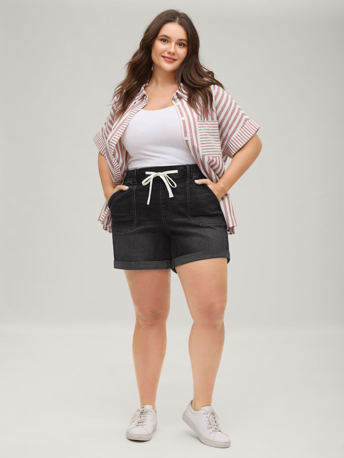 Pull-On Folded Hem High-Rise Denim Shorts