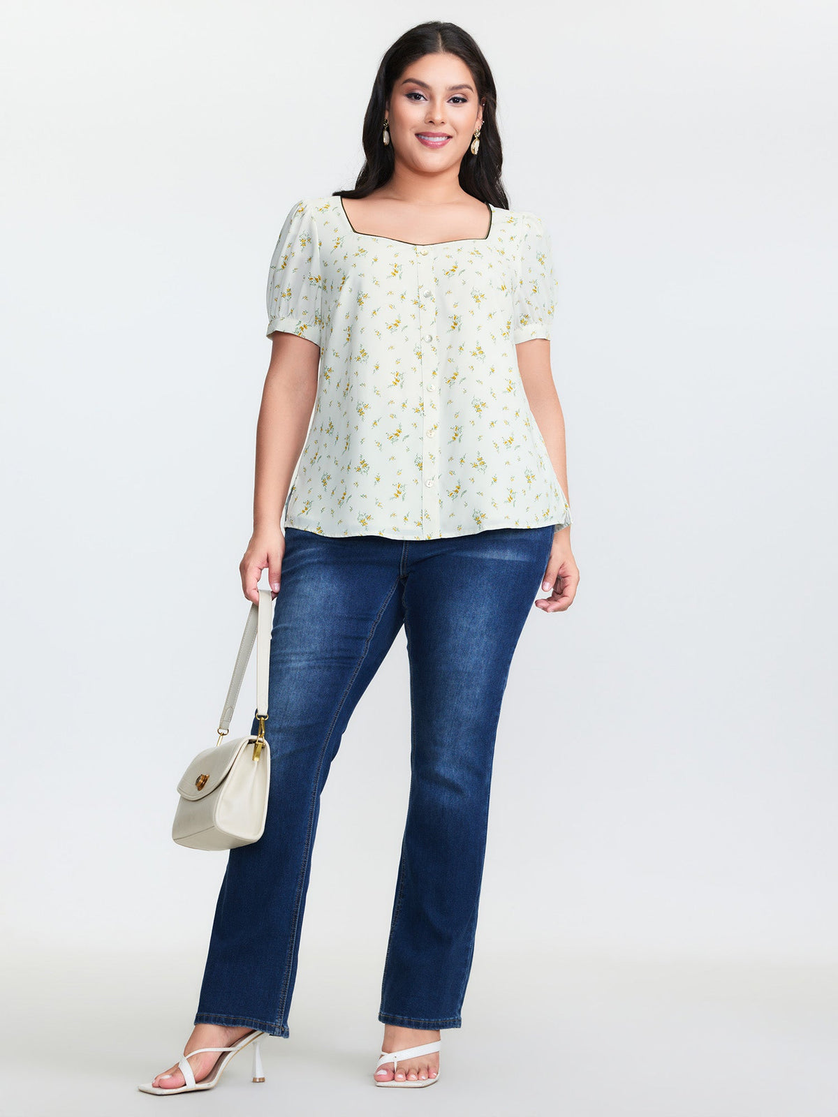 Floral Print Button Detail Color Contrast Blouse