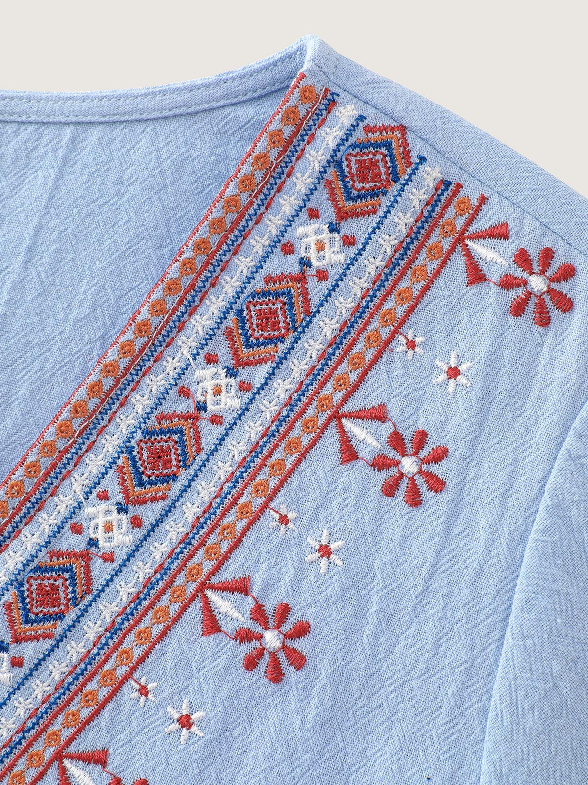 Cotton Floral Embroidered V-Neck Blouse