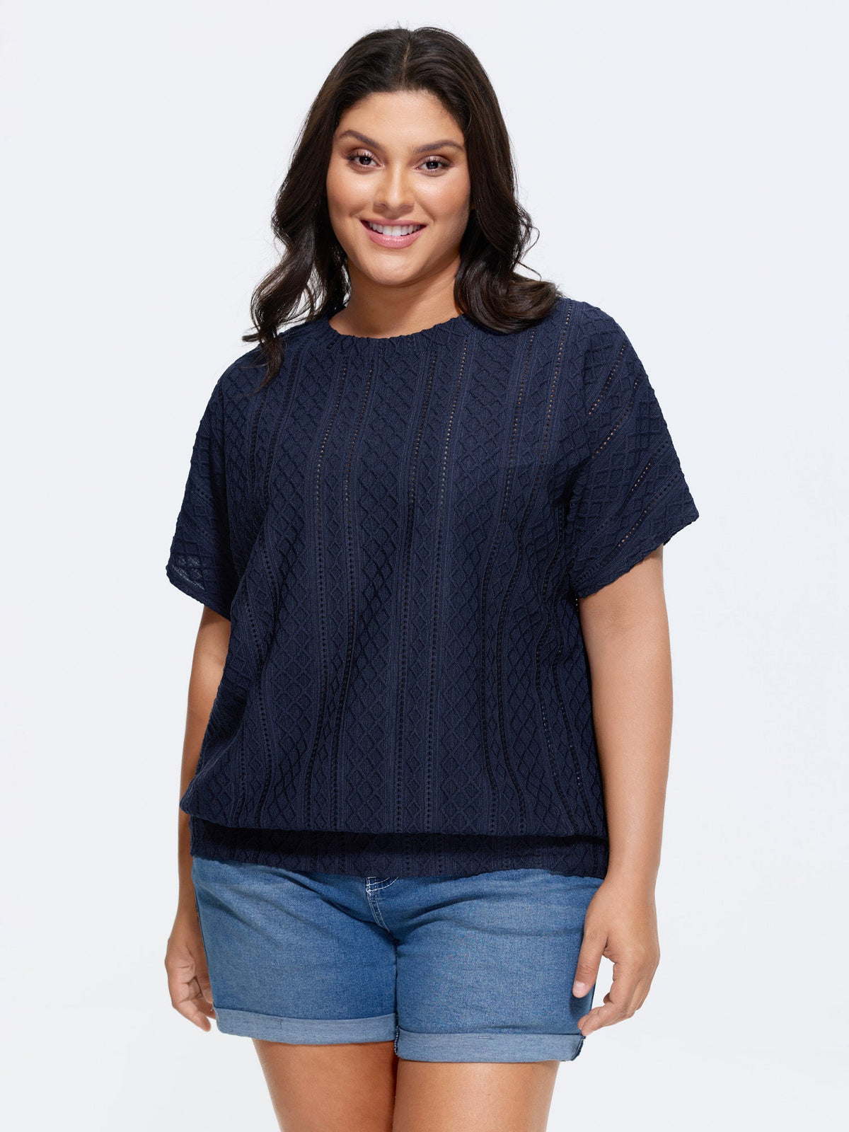 Eyelet Trim Stretchy Textured Plain Top