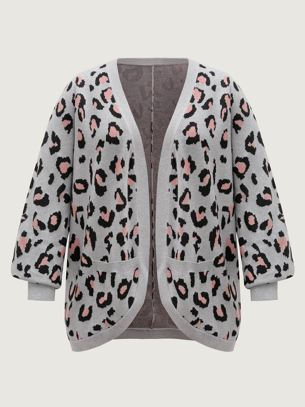 Leopard Print Arc Hem Pockets Knit Cardigan