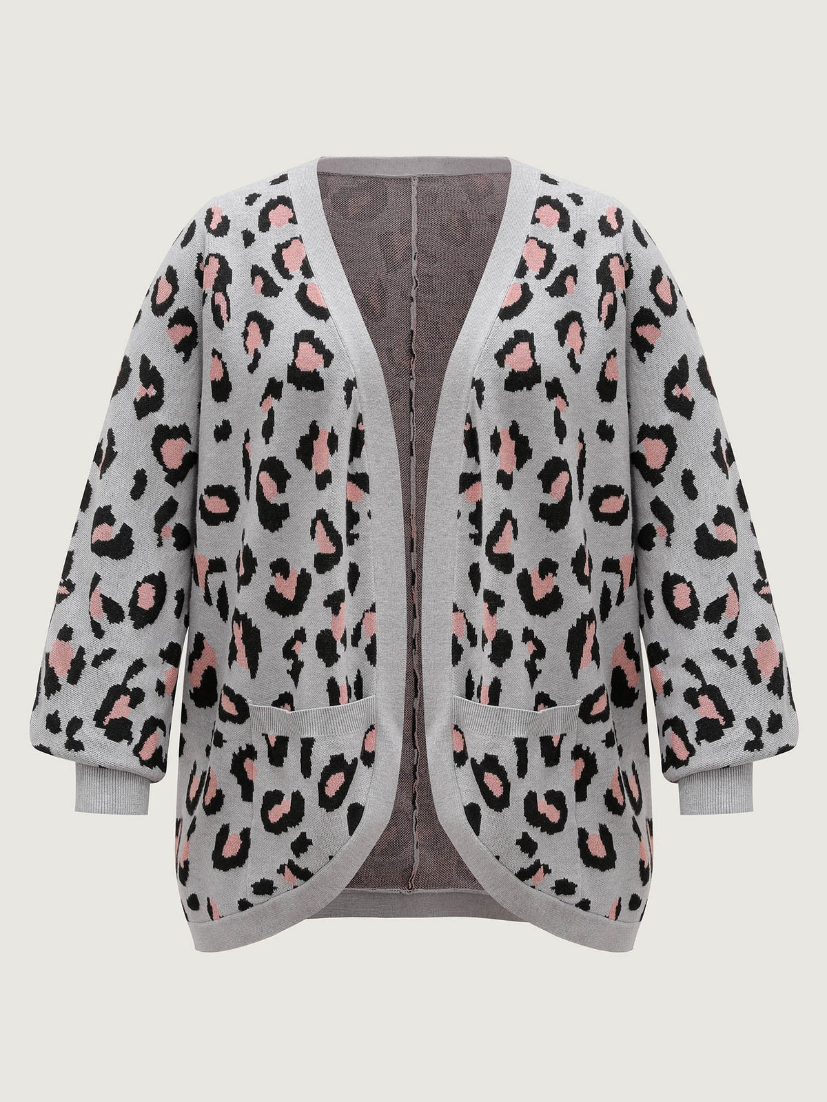 Leopard Print Arc Hem Pockets Knit Cardigan