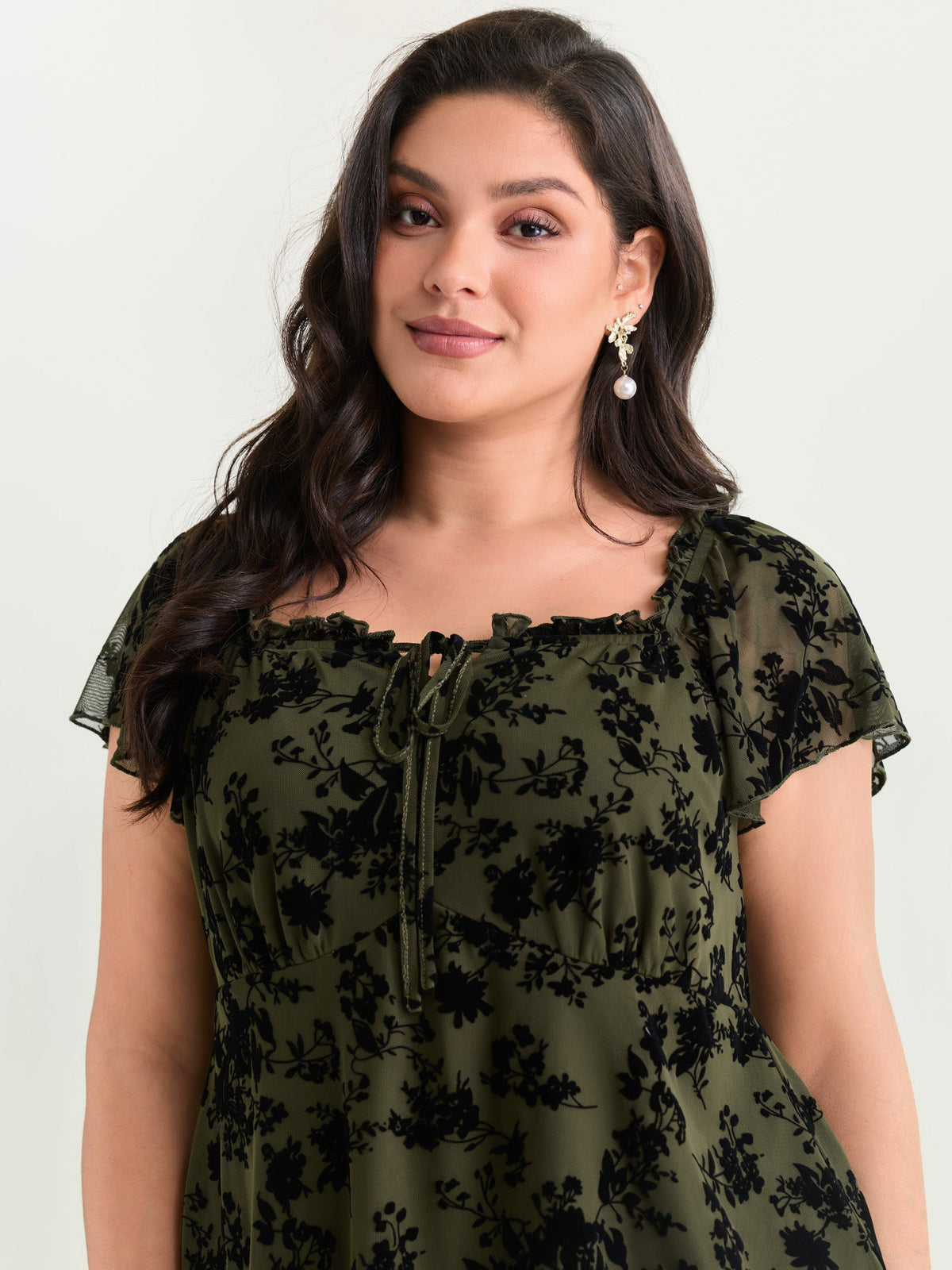 Flocked Floral Drawstring Neckline Knit Top
