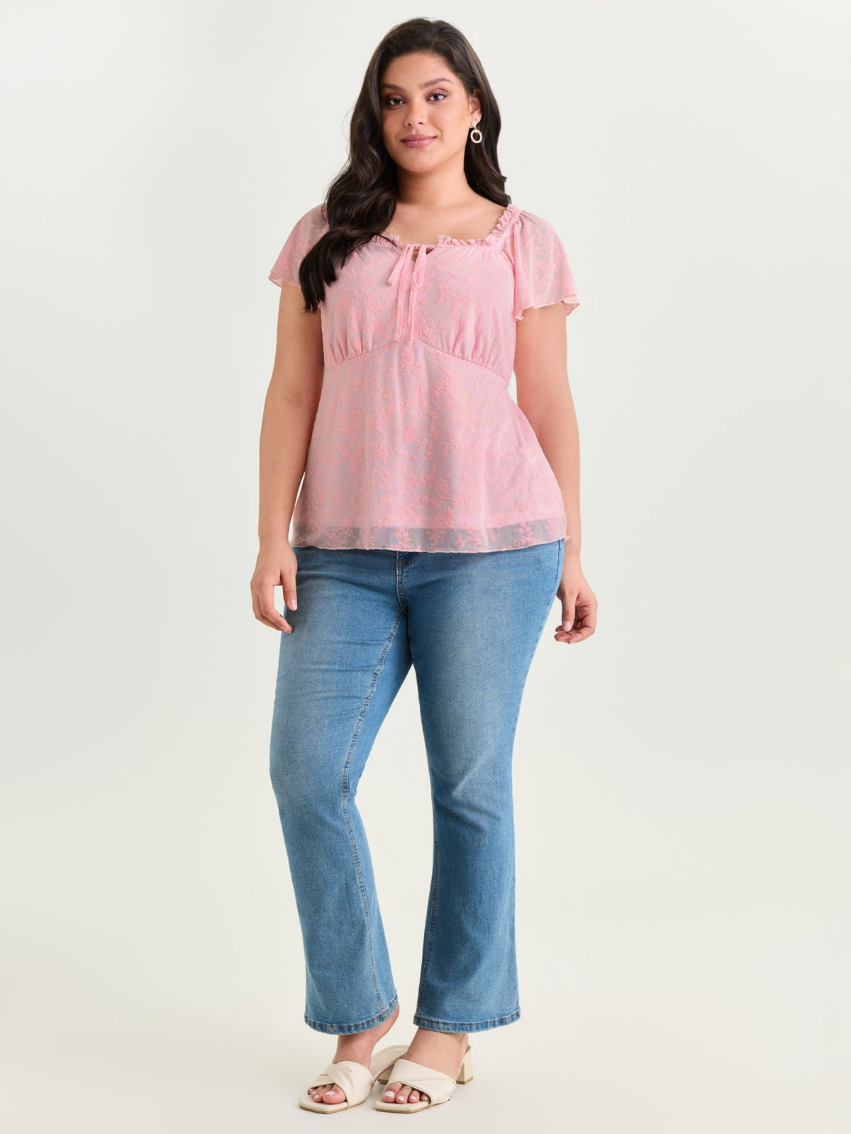Flocked Floral Drawstring Neckline Knit Top
