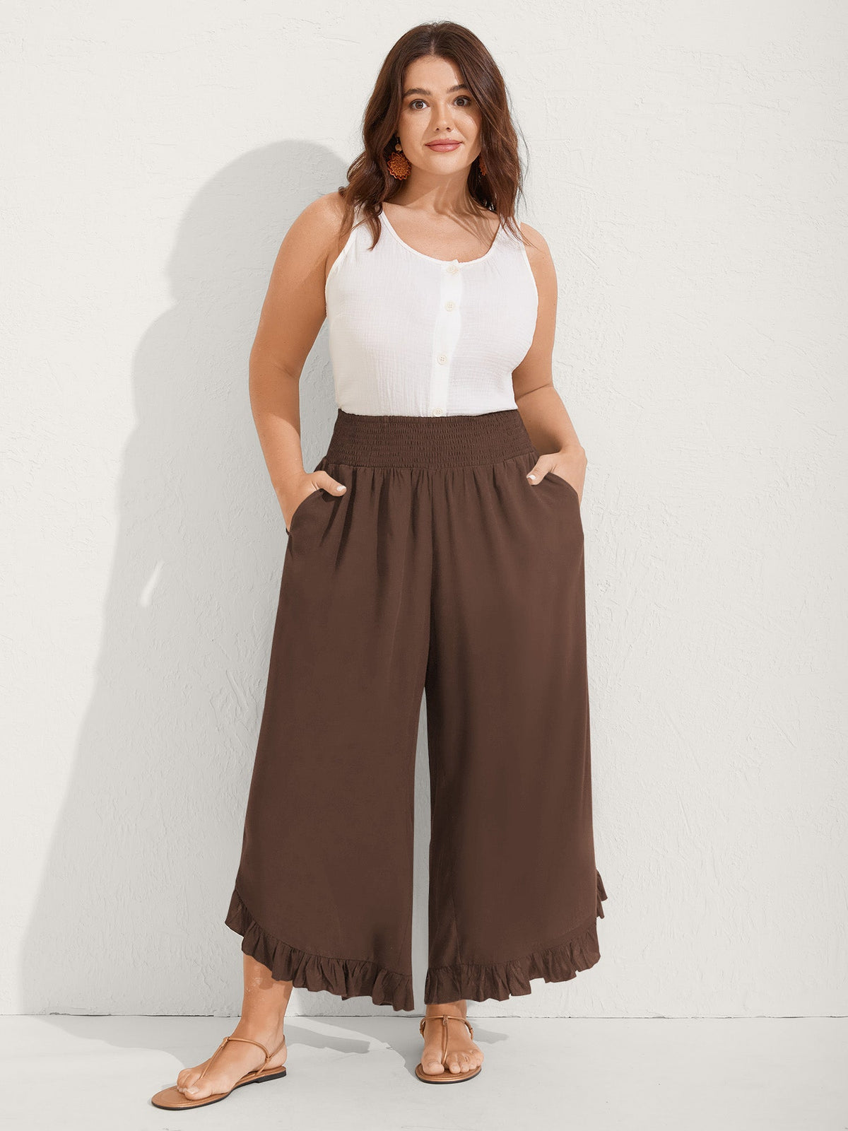 Ruffled Curvy Hem Wide-Leg Pants