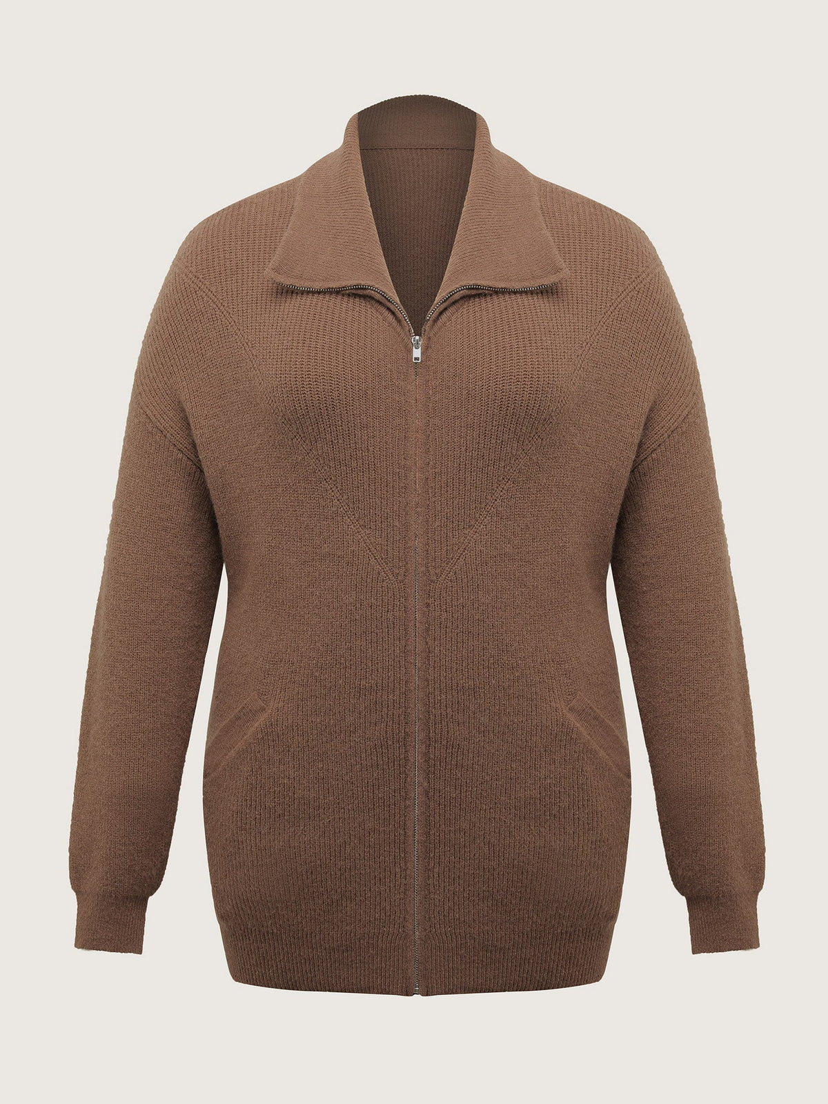 Textured Slant Pockets Zipper-Front Knit Cardigan