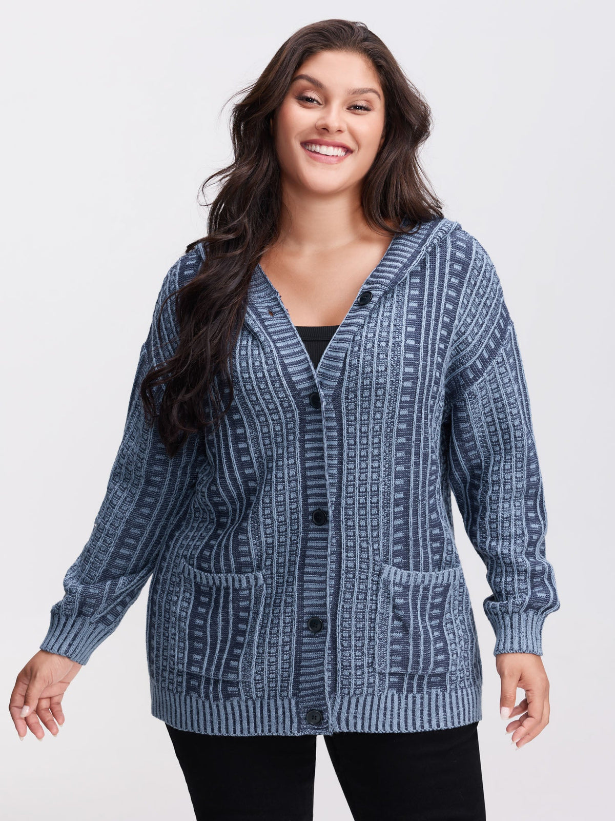 Hooded Textured Pockets Drop Shoulder Knit Cardigan