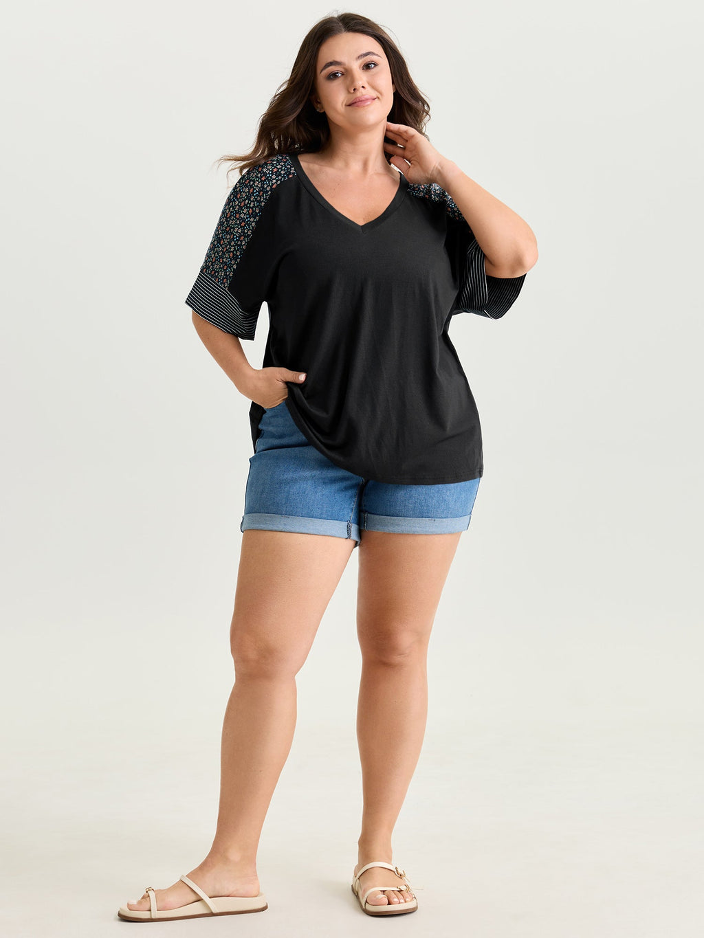 Supersoft Color Contrast Sleeve V-Neck T-Shirt
