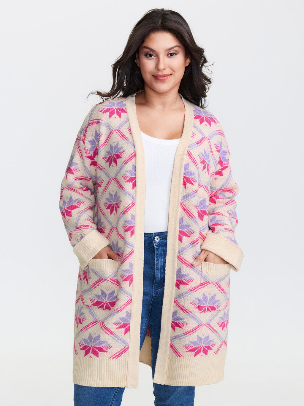 Geometric Snowflake Pattern Pockets Knit Cardigan